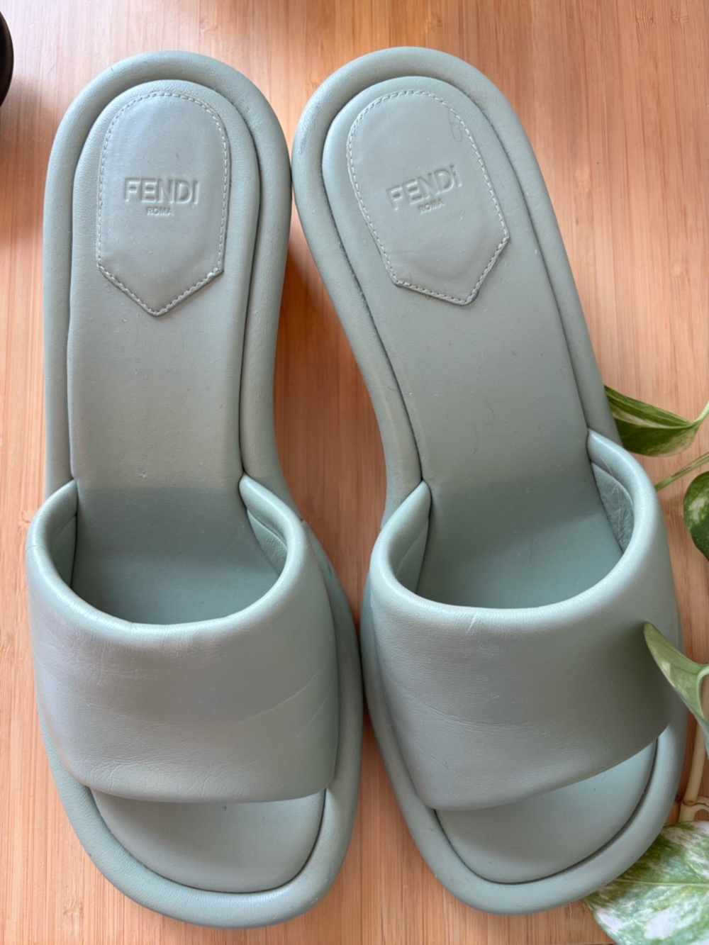 Fendi Baguette FF Logo Cutout Slide Sandals Musk Green 39 EU / 9 US Gently Worn